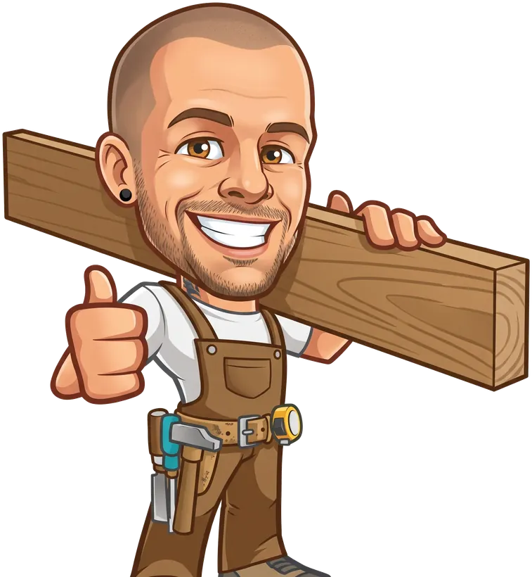 Handy Tradie 4 U mascot, thumbs up with a timber plank